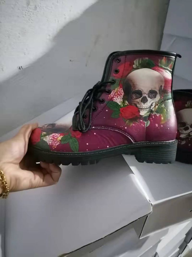 CMY-Women's Boots PU Women's Shoes Fashion Tooling Boots Large Size Printed Autumn Women's High Top Skull Pattern Martin Boots Women's_voghion.com