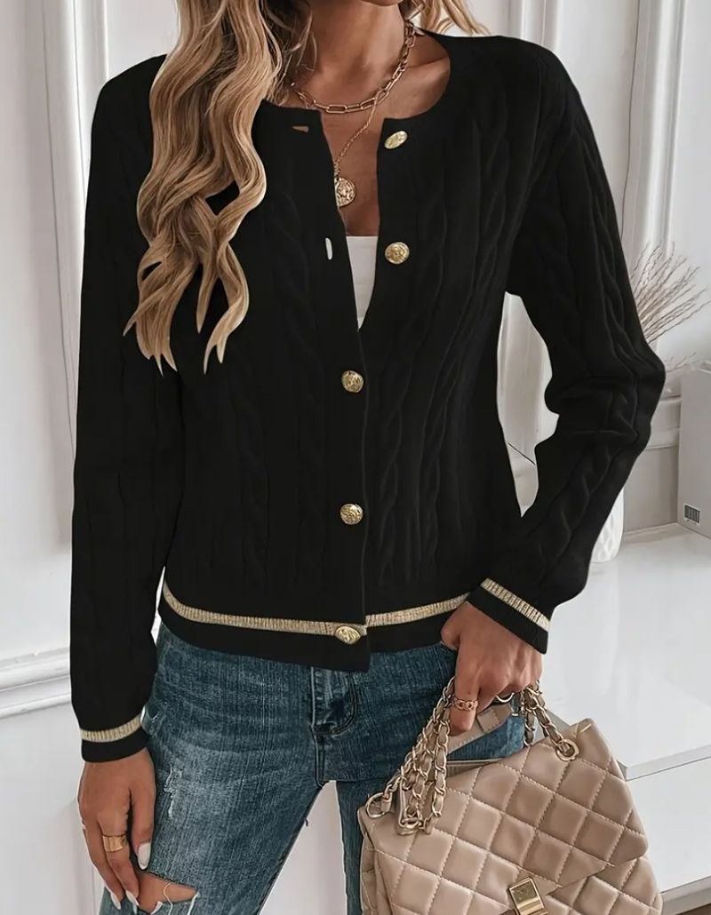 Cardigan in maglia a trecce con bottoni sul davanti - Pullover invernale morbido e caldo per donna (nero, XS/S/M/L/XL)_voghion.com