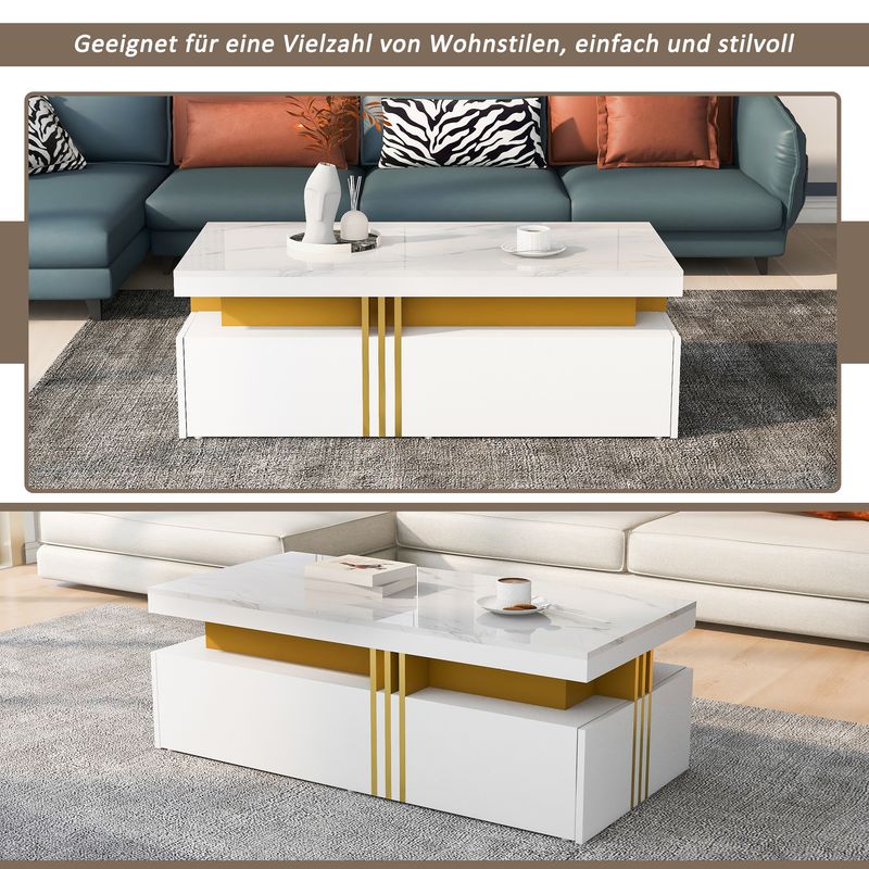 Table basse rectangulaire moderne avec plateau brillant, 2 tiroirs en bois, surface à motif marbre, pour salon, 100 x 50 x 40 cm_voghion.com