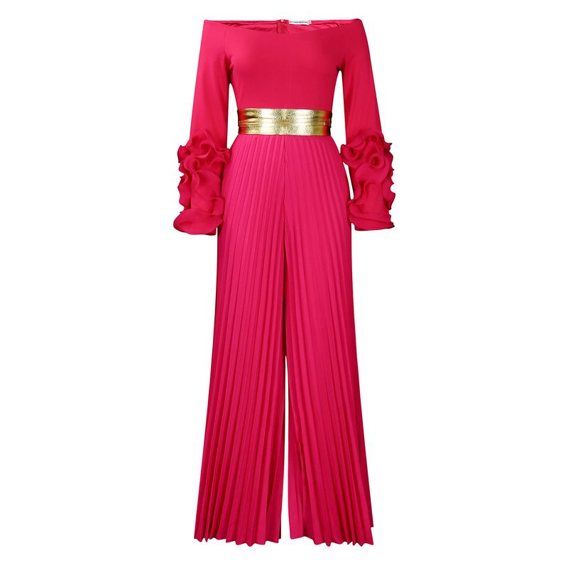 Dameskleding Nieuwe mode Een schouder Ruffle mouw Effen kleur Geplooide wijde pijpen Jumpsuit_voghion.com