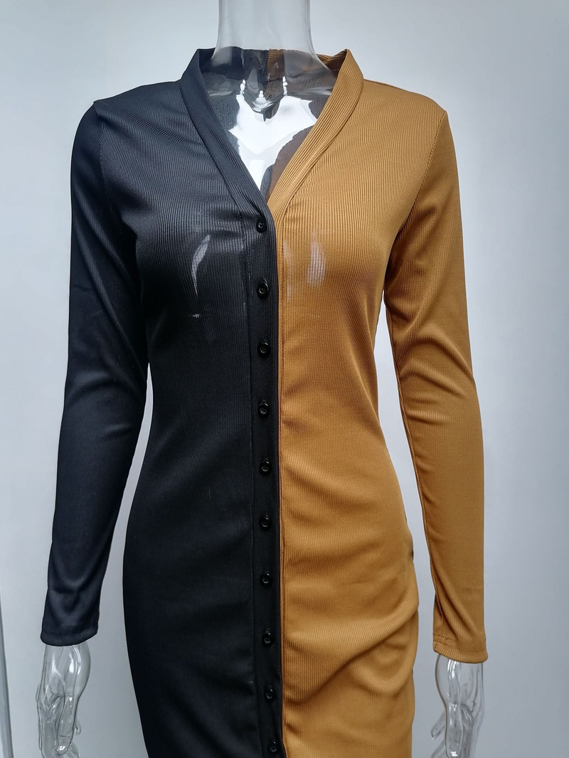 Dameskleding herfst en winter seizoen nieuw temperament woon-werkverkeer kleur bijpassende knoop hoge taille lange jurk_voghion.com