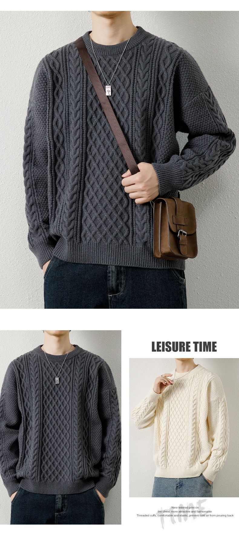 Herren-Zopfmusterpullover, warmer Winterpullover, Rundhalsausschnitt, dick gestrickte Basisschicht, lässig, lockere Passform, trendiger Pullover_voghion.com