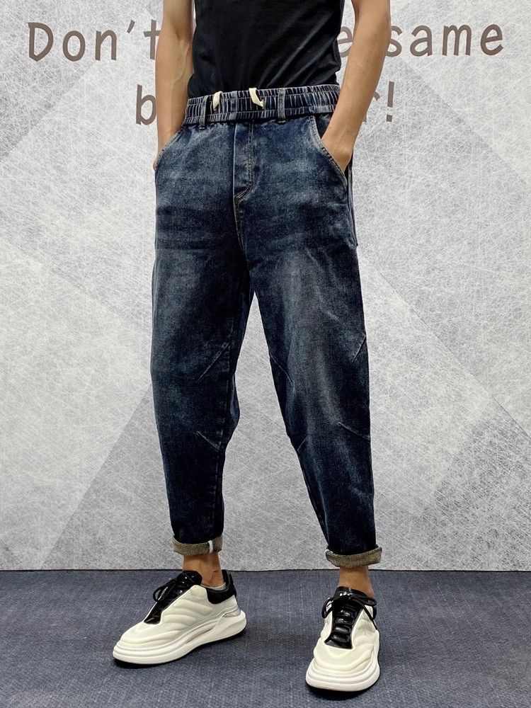 Extragroßer 300 kg schwerer Samt-Denim für Herren im Herbst, elastischer Bund zum Abnehmen und für lockere Passform, Harenshose 2_voghion.com