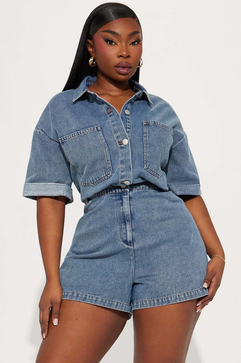 Salopetă din denim spălat, cu mânecă scurtă și elastică, lejeră, pentru femei_voghion.com