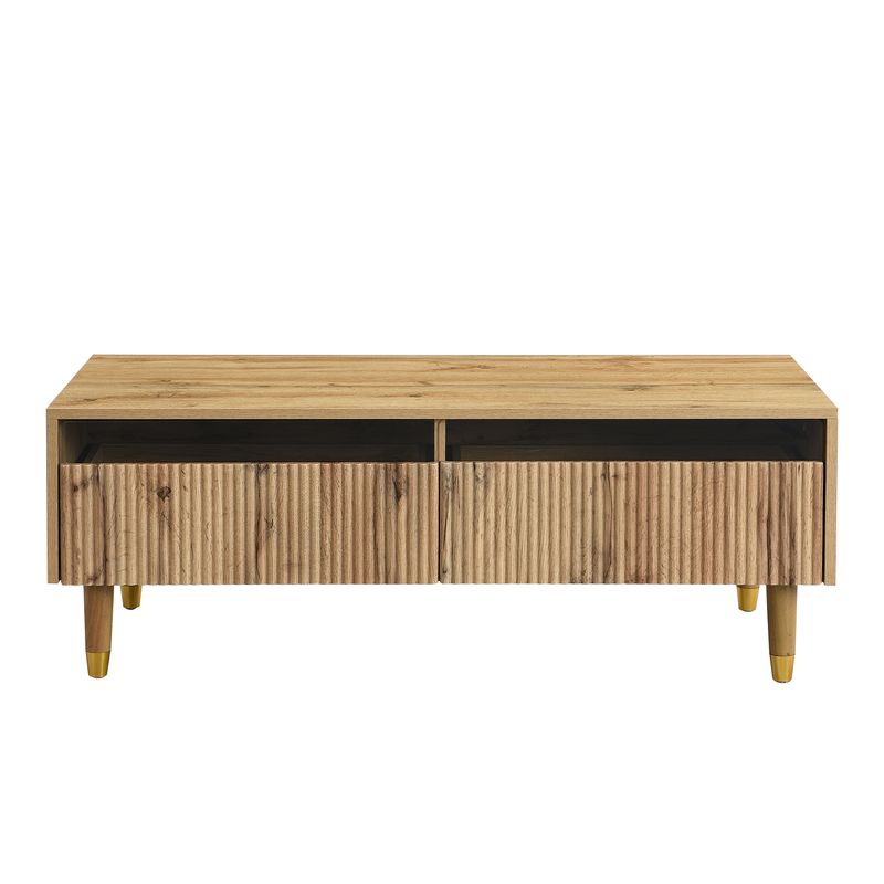 Table basse LED moderne avec tiroirs ondulés, pieds en bois doré, 2 tiroirs et bande lumineuse LED à changement de couleur._voghion.com