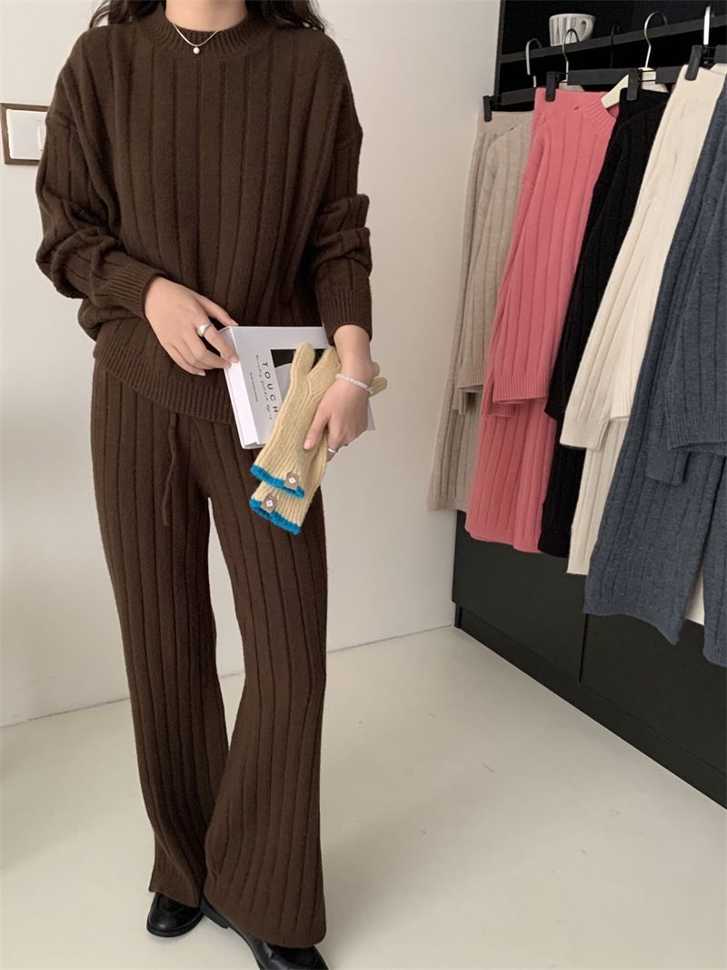Plus Size Knit Sweater & Wide Leg Pants Set - Soft Ribbed Pullover & Flowy Lounge Trousers, Oversized Comfort Outfit For Women_voghion.com