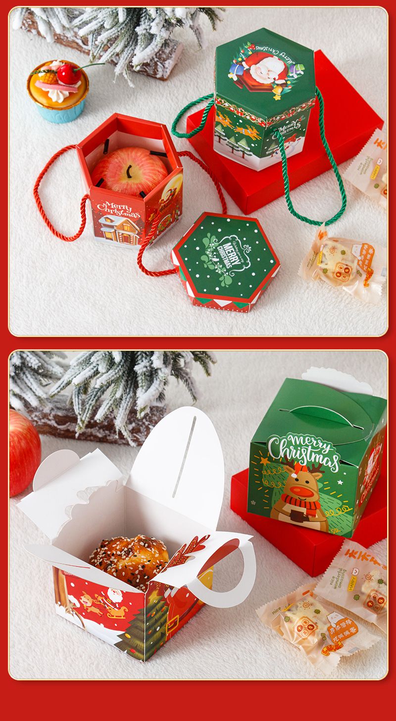 Christmas Candy Gift Box With Handle - Santa & Reindeer Printed Baking Paper Box For Apple Cookies, Holiday Treats_voghion.com