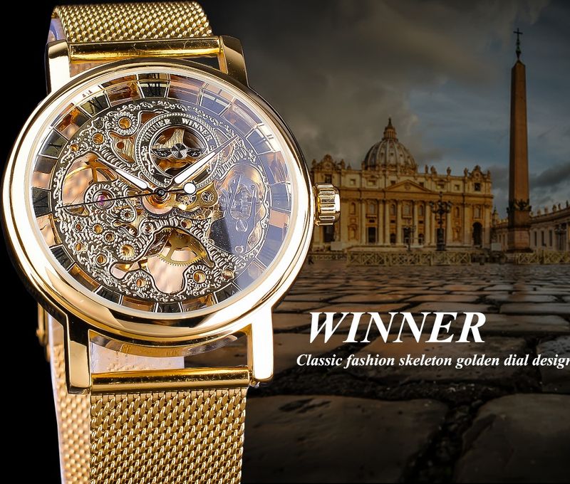 Orologio meccanico da uomo Winner, con cassa sottile, design retrò dorato, cinturino in maglia metallica, lancette luminose, marchio di lusso_voghion.com