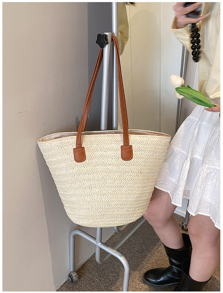 Bolso de mano tejido de alta capacidad, versátil y minimalista, con un solo hombro, bolso de playa para vacaciones para mujer_voghion.com