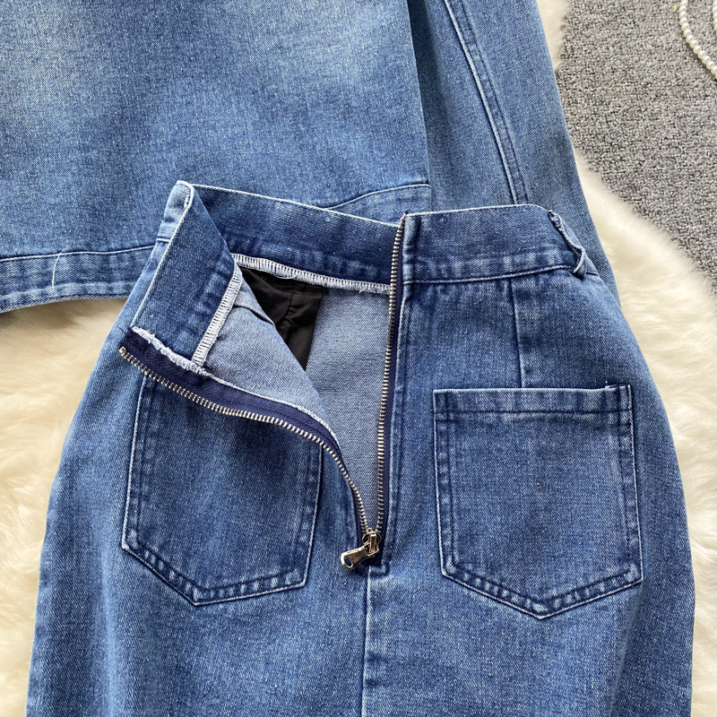 Dames lente- en herfstretro gewassen kort spijkerjack voor dames + afslankende, onafgewerkte heuprok met hoge taille en split, heuprok twee_voghion.com