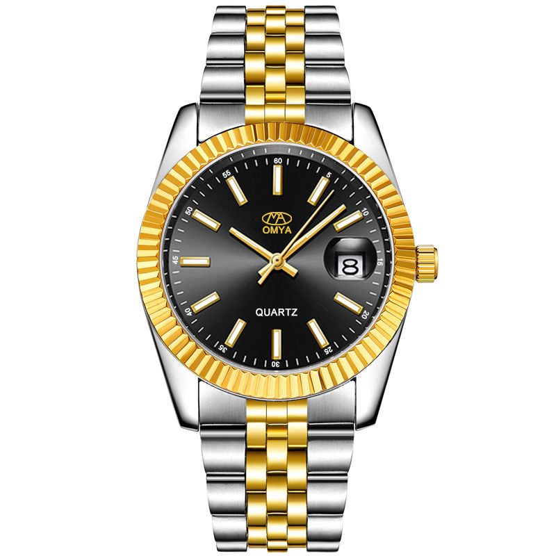 Reloj de cuarzo para hombre, resistente al agua, con calendario y correa dorada para mujer_voghion.com