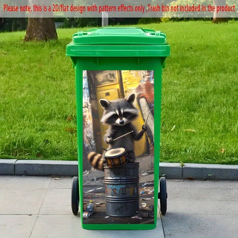 1pc Raccoon Musician Themed Trash Can Sticker 37×82cm - Self-Adhesive Polypropylene Wallpaper With Cartoon Raccoon & Drum Design, Glossy Finish For_voghion.com
