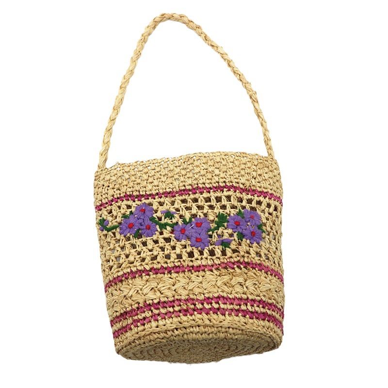 Cylinder Single Shoulder Small Flower Embroidery Raffia Handmade Woven Vacation French Style Handbag Beach Bag_voghion.com