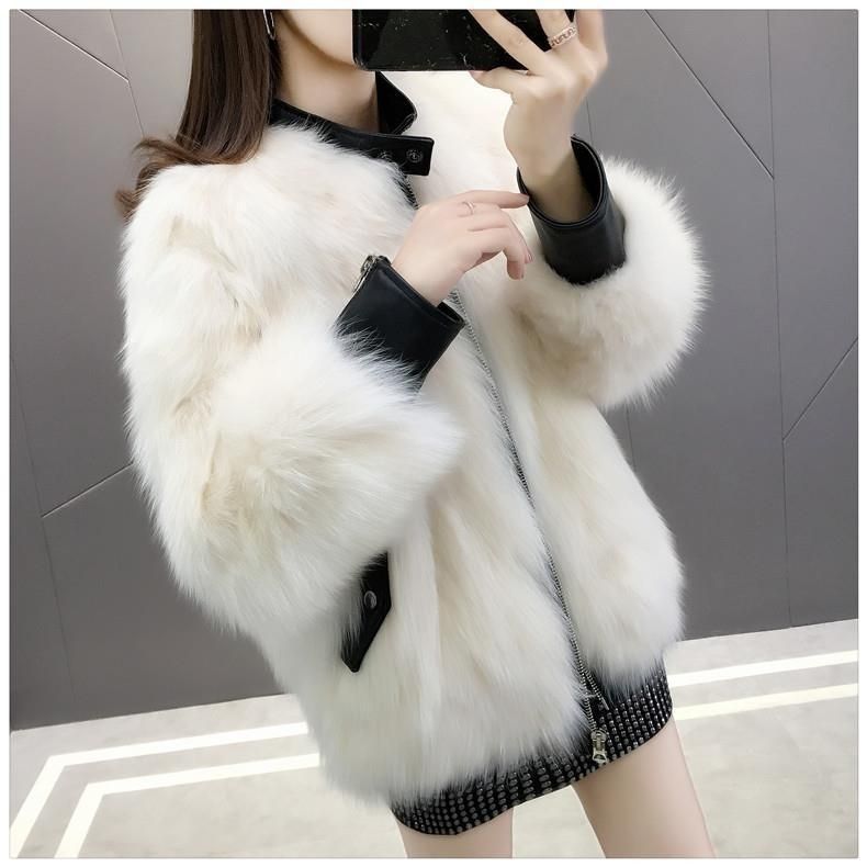 Giacca in pelliccia sintetica da donna – Cappotto corto in stile motociclista con collo in pelliccia di volpe (bianco/cachi chiaro/blu lago/grigio beige, S/M/L)_voghion.com