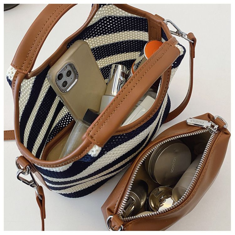 Borsa a secchiello con motivo a righe per donna, borsa da spiaggia casual in stile vacanza di grande capacità, tracolla singola_voghion.com