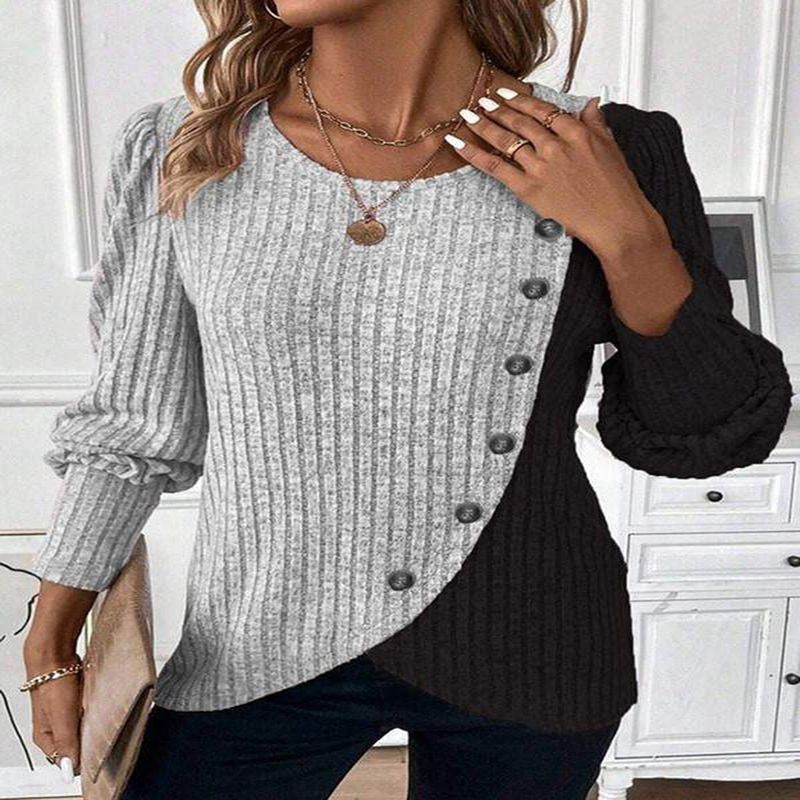 Women's Clothing Z Round Neck Color Matching Pit Hem Long Sleeve Spring And Autumn Knitted T Shirt_voghion.com