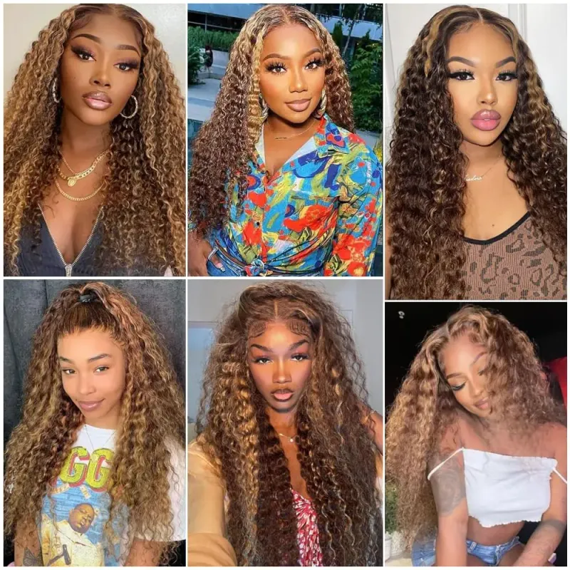 Peluca de cabello humano con ondas profundas y color marrón resaltado, peluca frontal de encaje, pelucas Remy de color rubio miel prearrancadas para mujeres_voghion.com