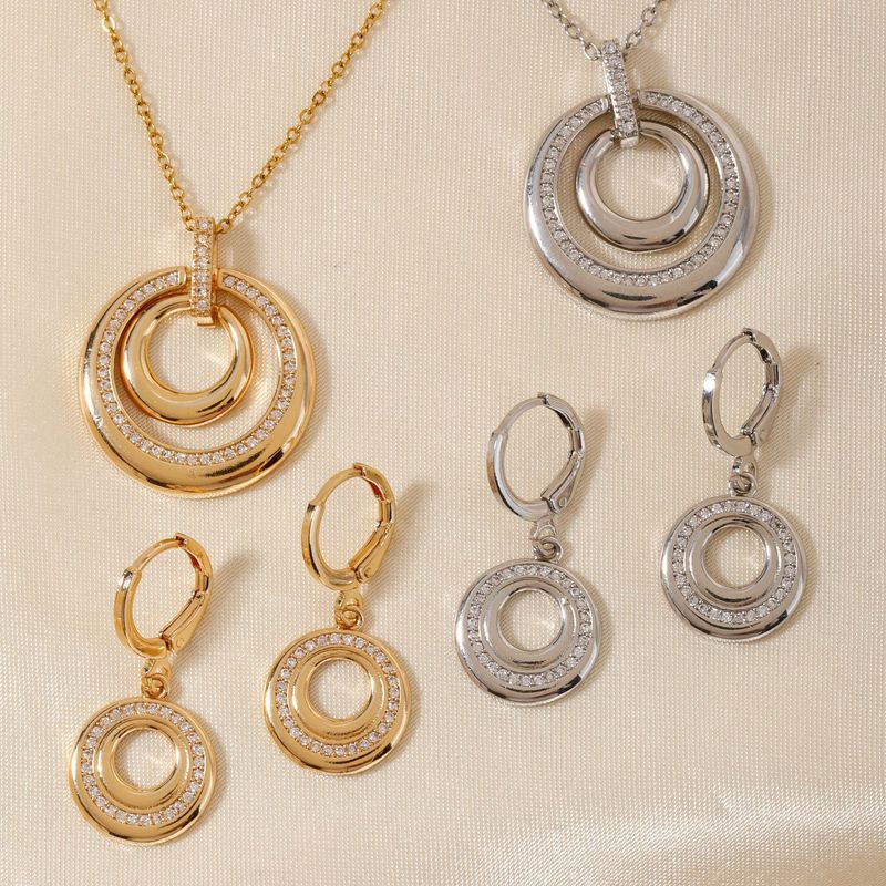 Conjunto de joias femininas, simples, de alta qualidade, retrô, redondo, duplo círculo, micro incrustado, colar, brincos, conjunto de joias_voghion.com