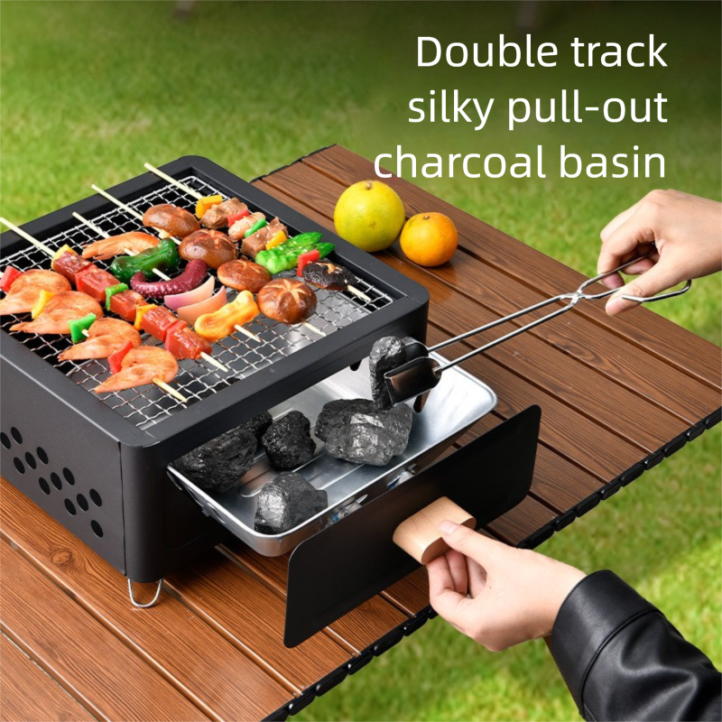 Churrasqueira quadrada a carvão com fogueira, portátil para áreas externas, ideal para camping no jardim, dupla utilização para preparar chá e churrasco_voghion.com