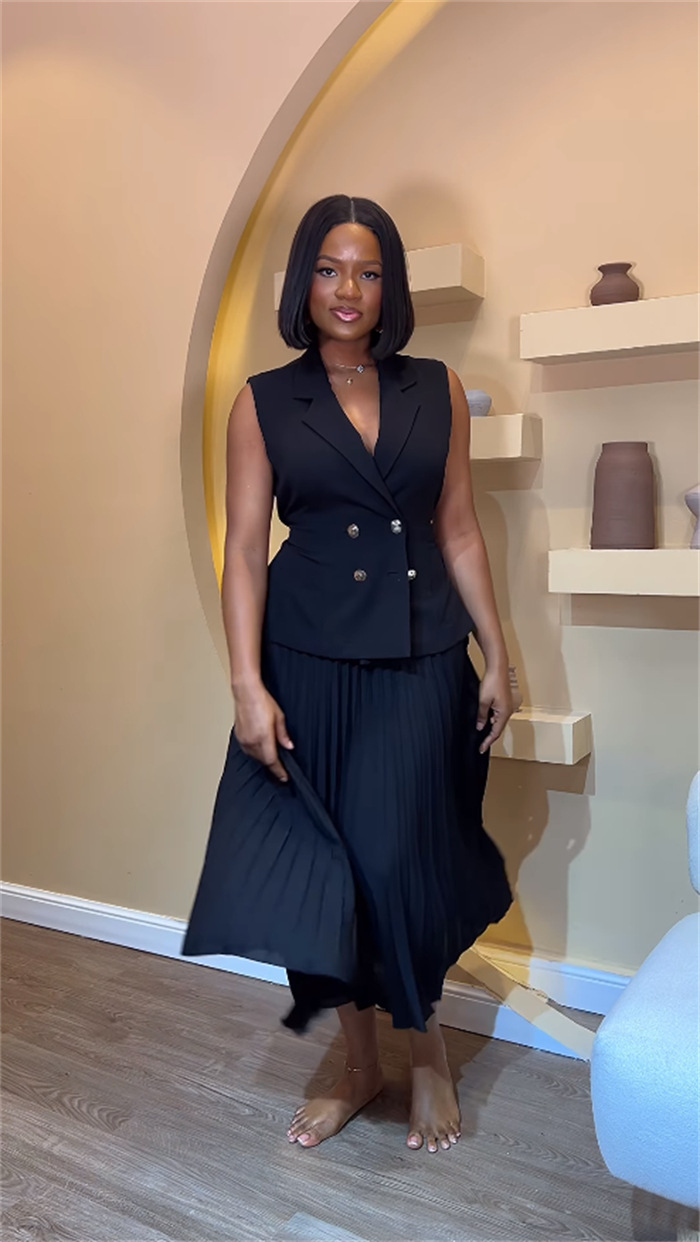 women's clothing temperament suit collar vest top pleated skirt casual suit_voghion.com