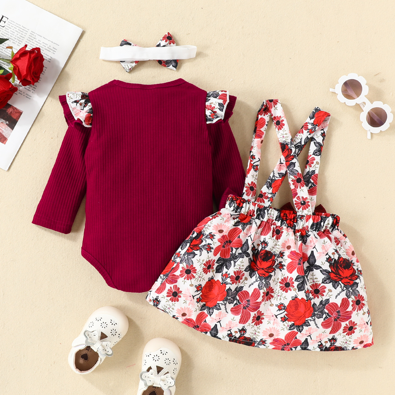 Dětské oblečení, jarní a podzimní oblečení, dětské oblečení s krátkými rukávy, trojúhelníkový overal s květinovou mašlí a podvazkovou sukní_voghion.com