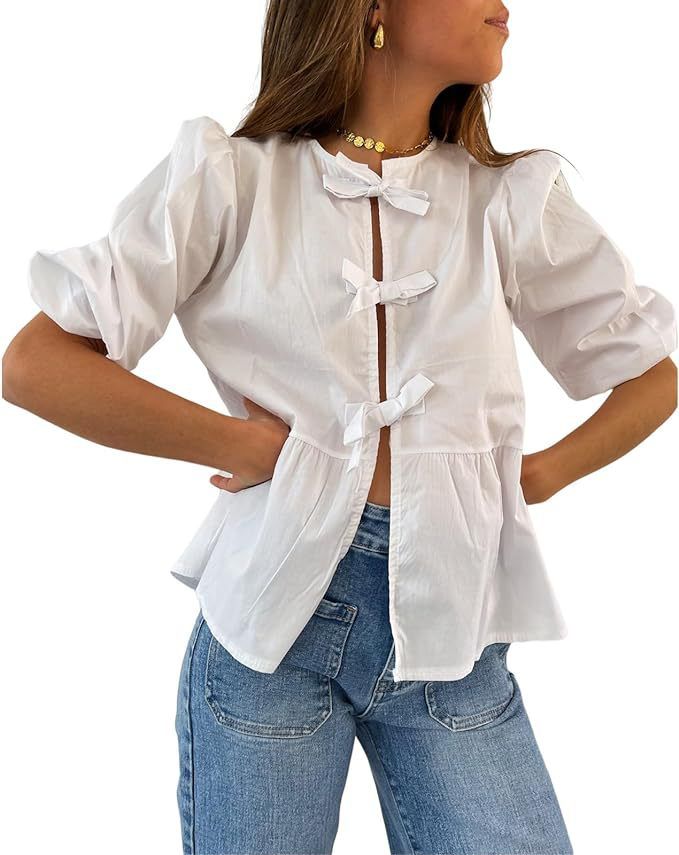 Women's Clothing Tie Front Top Leopard Print Ruffle Babydoll Top 3/4 Length Puff Sleeves_voghion.com