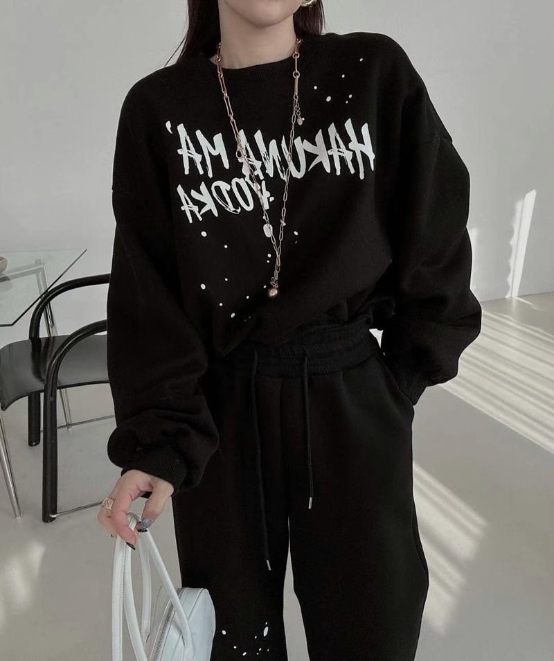 Korean Chic Winter Set – Oversized Letter Print Sweatshirt & High-Waist Drawstring Pants (XL, Charcoal Grey)_voghion.com