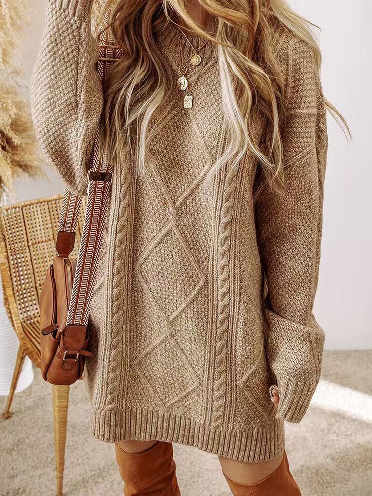 Robe pull oversize confortable pour femme - Tunique à manches longues en tricot doux pour femme, tenue de détente décontractée en noir, vert kaki, kaki et caramel_voghion.com