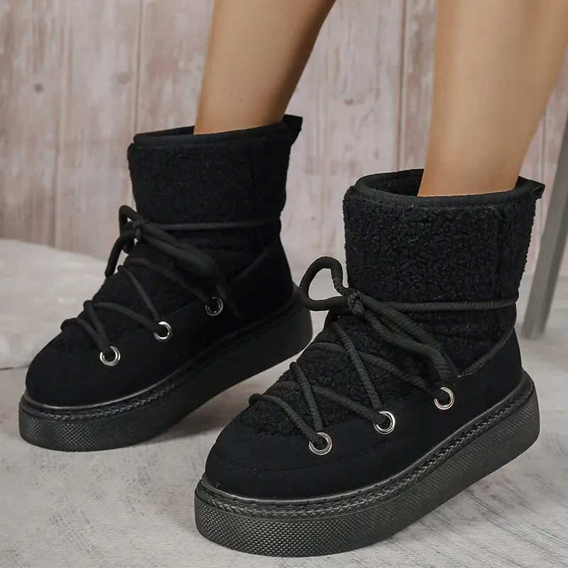 Scarpe da sci invernali da donna in pelle scamosciata con lacci, calde e imbottite, per il tempo libero, in lana sintetica, con plateau, 2024_voghion.com