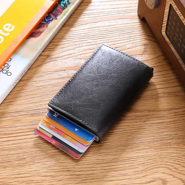 Nuevo Mini tarjetero para hombre, billeteras de fibra de carbono Rfid de cuero negro, Mini billetera delgada, monedero pequeño, monederos para hombre_voghion.com