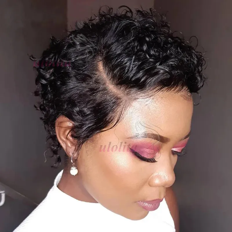 Kurze verworrene lockige Perücke aus menschlichem Haar mit Spitzenfront, Pixie-Schnitt, Perücke aus menschlichem Haar, 13 x 4 Spitzenfront, natürliche brasilianische Haarperücken für Frauen_voghion.com