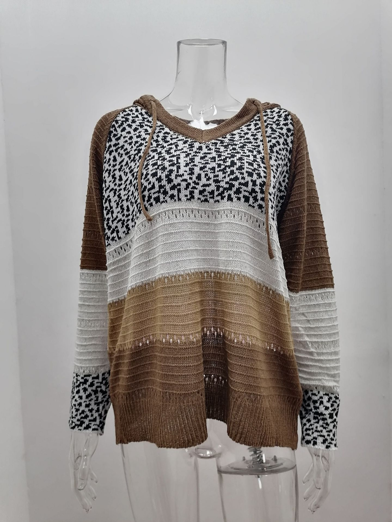 Roupas femininas New Wish Outono e Inverno Listrado Com Capuz Suéter Estampa Leopardo_voghion.com