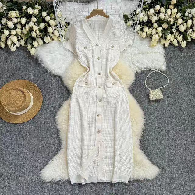 Abito in maglia a maniche corte con scollo a V da donna, temperamento in vita, abito lavorato a maglia_voghion.com