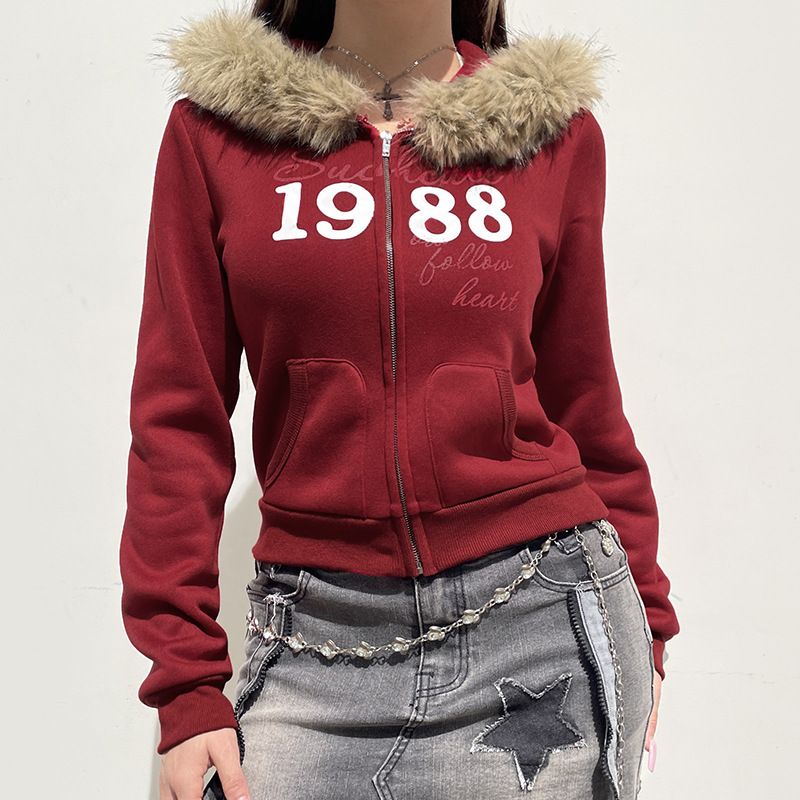 American Digital Printed Fur Patchwork Hooded Sweatshirt, Spicy Girl Street Contrasting Color, Slim Fit Zipper Casual_voghion.com