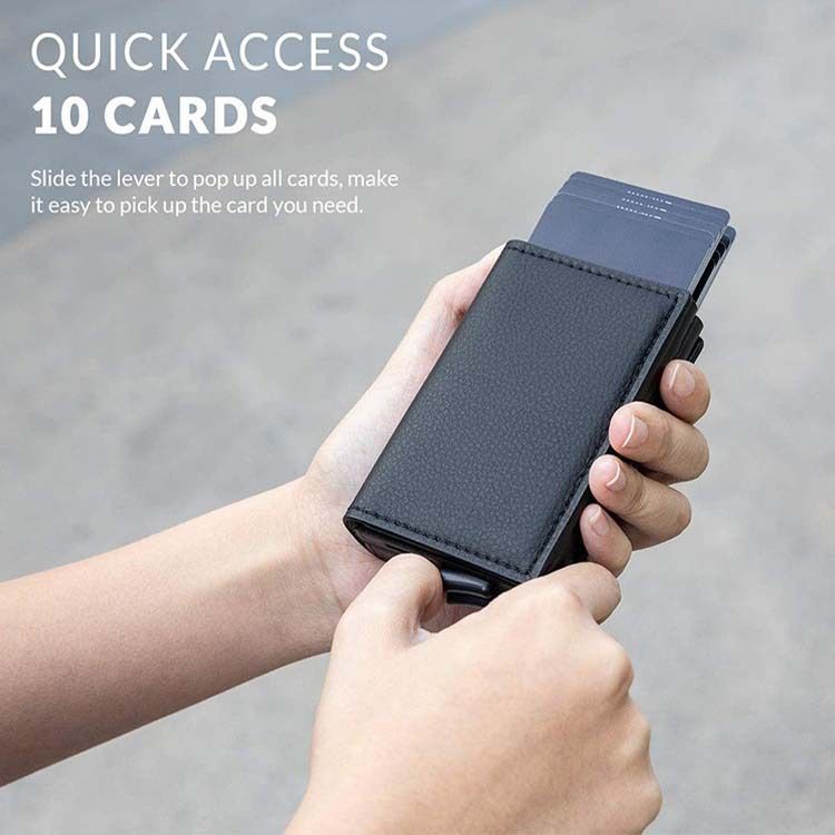 Cartera para tarjetas de crédito con función anti-RFID y ranuras para múltiples tarjetas, con expulsión automática, de cuero genuino y doble caja de aluminio._voghion.com