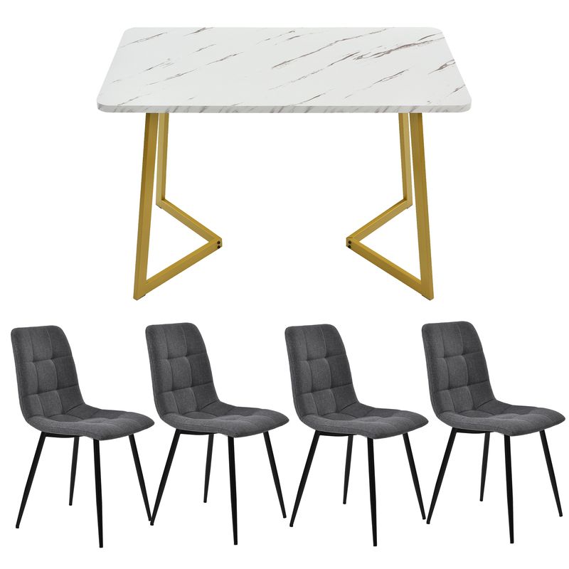 117cm Dining Table Set with 4 Chairs, Modern Rectangular Kitchen Table Set, Dark Gray Linen Dining Room Chairs with Golden Legs_voghion.com