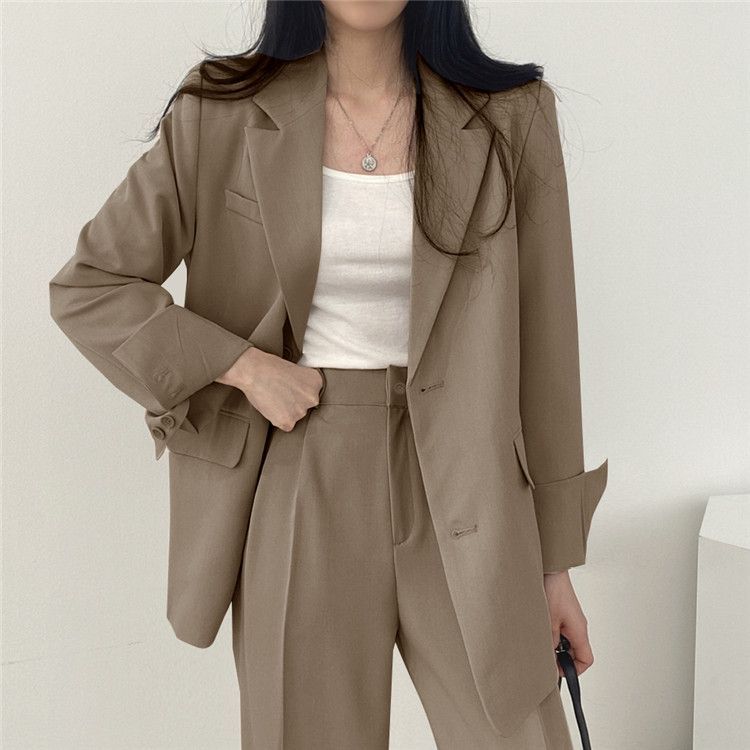 High-End Chic Autumn Casual Lapel Button Blazer High-Waisted Draped Wide-Leg Suit Set_voghion.com