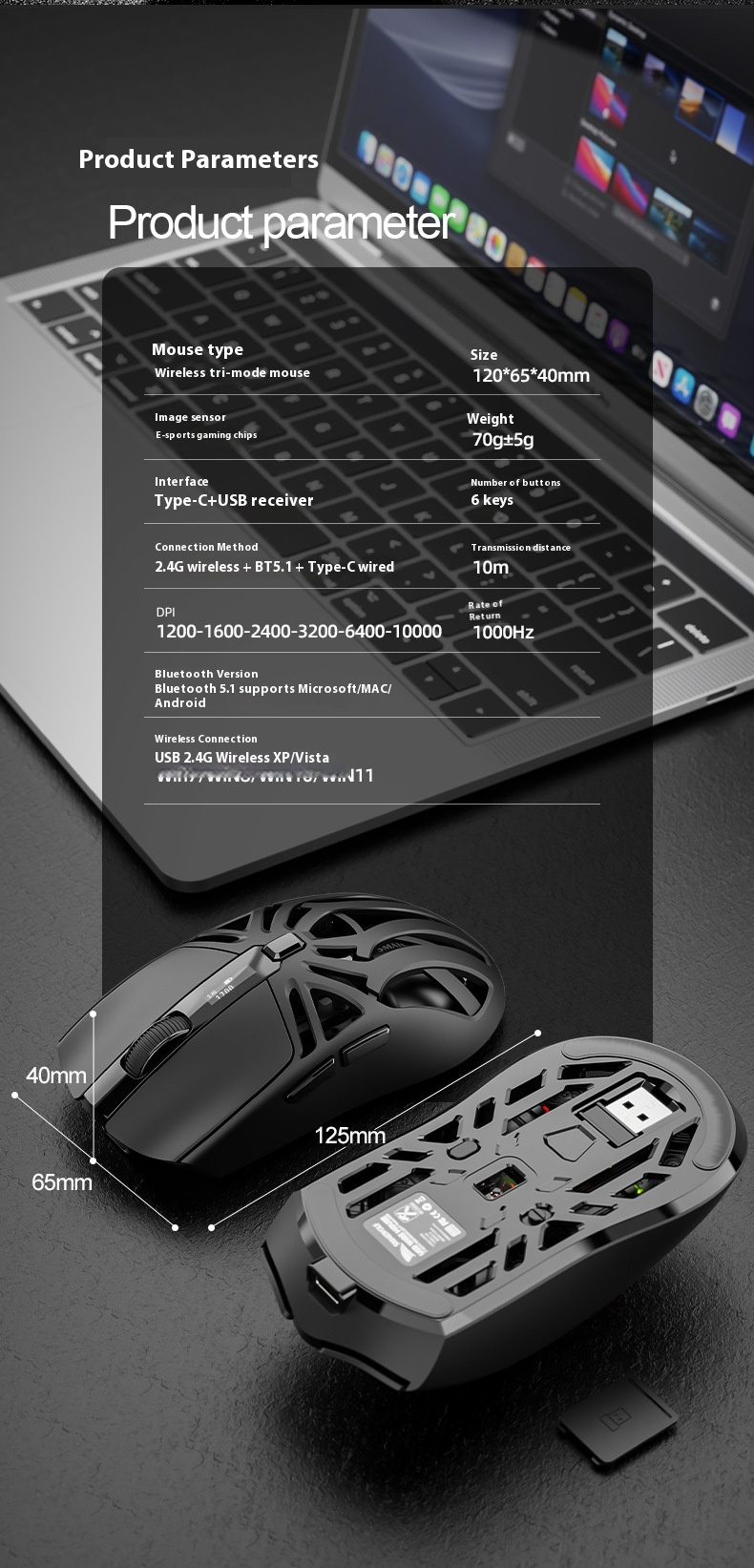 Mouse da gioco wireless Honeycomb - Leggero, 10000 DPI, tripla modalità, RGB, display digitale (2,4 G/Bluetooth/USB-C)_voghion.com