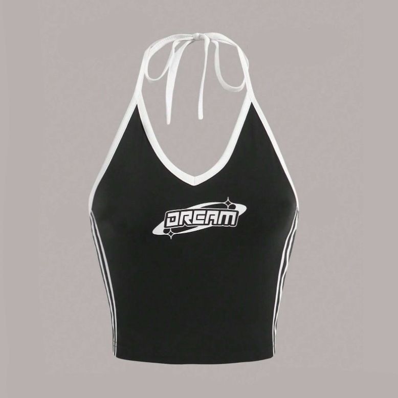 2024 New Style Letter Printed Color Contrasting Fashion Casual Set, Spicy Girl Slimming Strap Tank Top_voghion.com