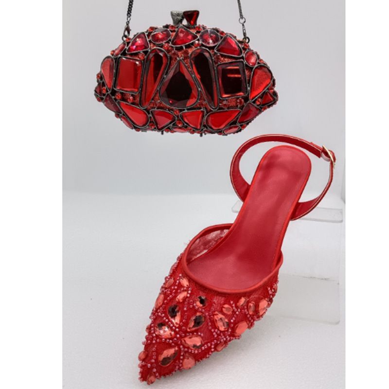 Women's High Heeled Sandals With Stilettos And Pointed Toes, Crystal Glass Flower High Heeled Sandals, Red Bridal Party Bag_voghion.com
