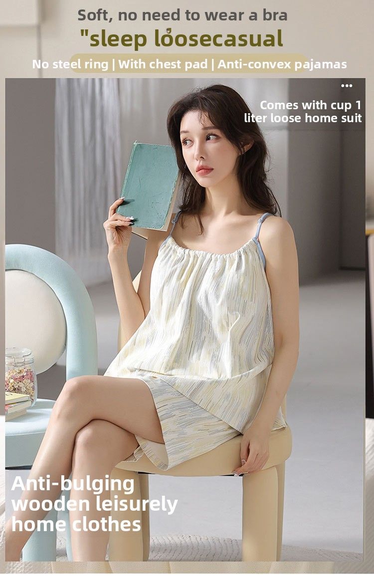 Lässiges Sommer-Pyjama-Set | Lockere Hosenträger für Damen, 100 % Baumwolle, Größe S – Frische Shorts mit Brustpolstern_voghion.com