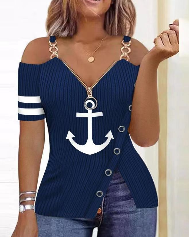 Damen T-Shirt mit V-Ausschnitt, bedrucktem Ankermuster, Hosenträgerreißverschluss_voghion.com