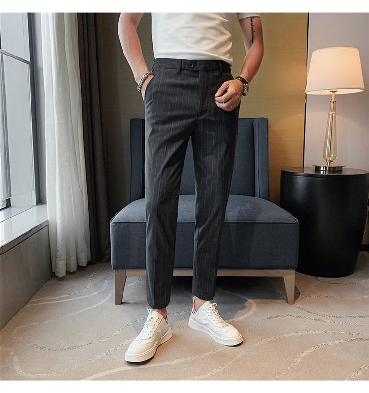 Summer thin men's slim-fitting trousers fashionable striped pants Korean version comfortable micro-elastic small foot_voghion.com
