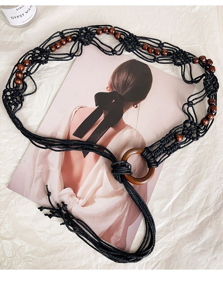 Gewebter Gürtel aus gewachster Kordel mit Holzschnalle, neuem, verlängertem Quasten- und Perlengürtel, Nischendesign mit Rockbesatz_voghion.com