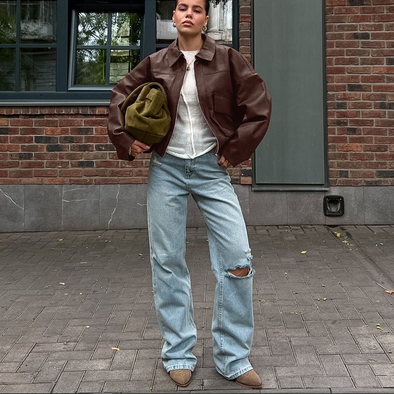 Damenbekleidung Vintage-inspirierte Bomberjacke für Damen – Fliegermantel aus PU-Leder, entspannte Passform, klassisches Braun, Freizeit- und Bürokleidung_voghion.com