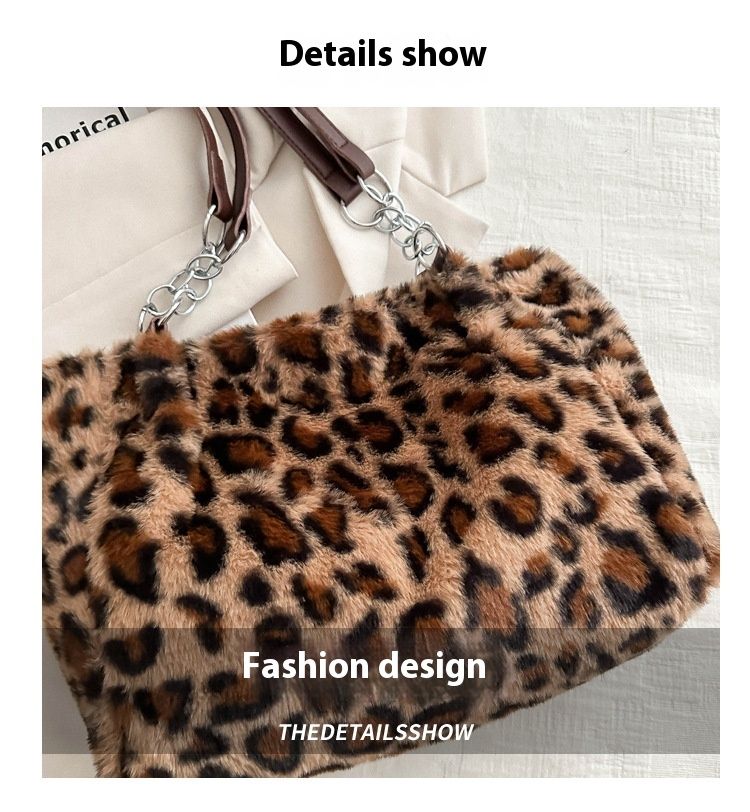 Simplified Large Capacity Bag 2024 New Trendy Leopard Print Plush Tote Bag Atmospheric Plush Shoulder Bag Women's Bag_voghion.com