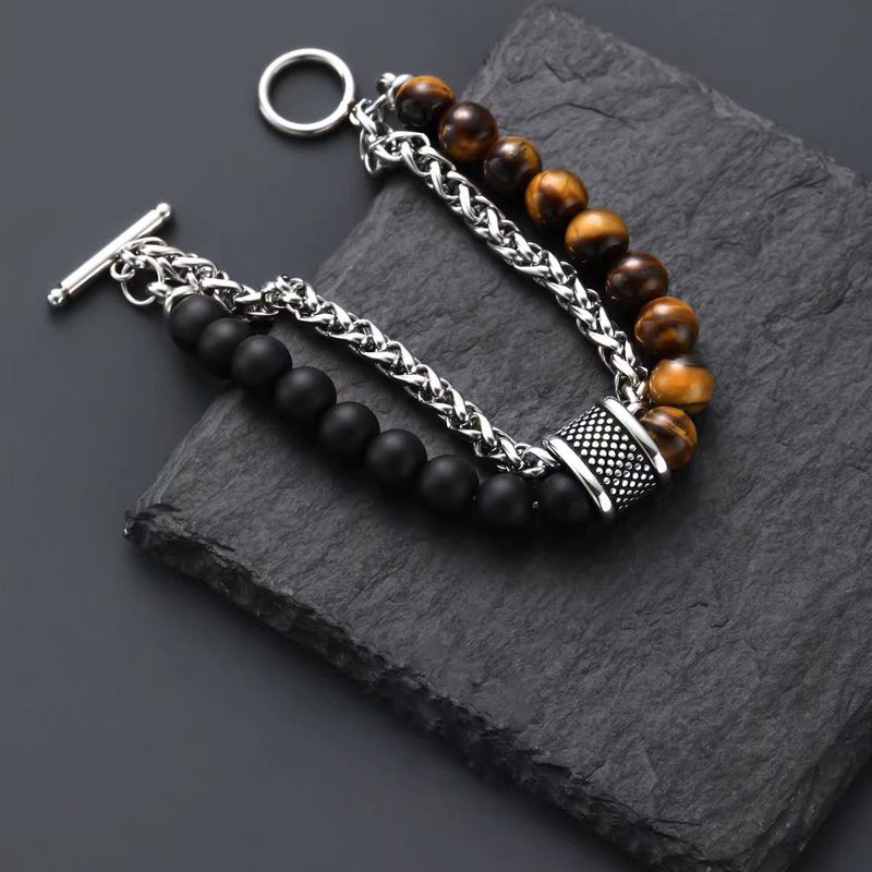 Tiger Eye Stone Luck Beads Titanium Steel Bracelet Men's Non Fading Personality Versatile Women's High End Handmade Accessories Bracelet_voghion.com