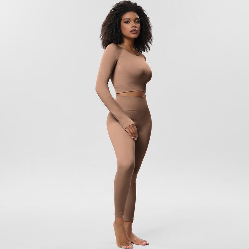 Yogatøj Efterårsdragt Sømløse yogabukser sportstoppe yogatop lange ærmer tredelt fitnesstøj_voghion.com