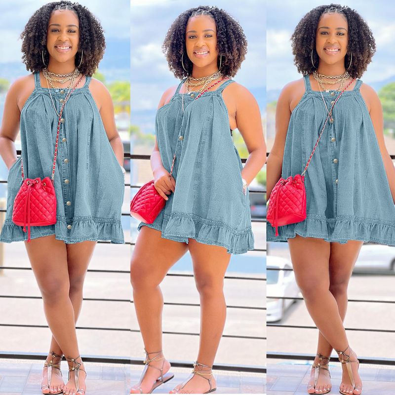 Women's Denim Dress - Square Neck Strappy Button Pocket Loose Fit Ruffled Hem Washed Denim Skirt_voghion.com