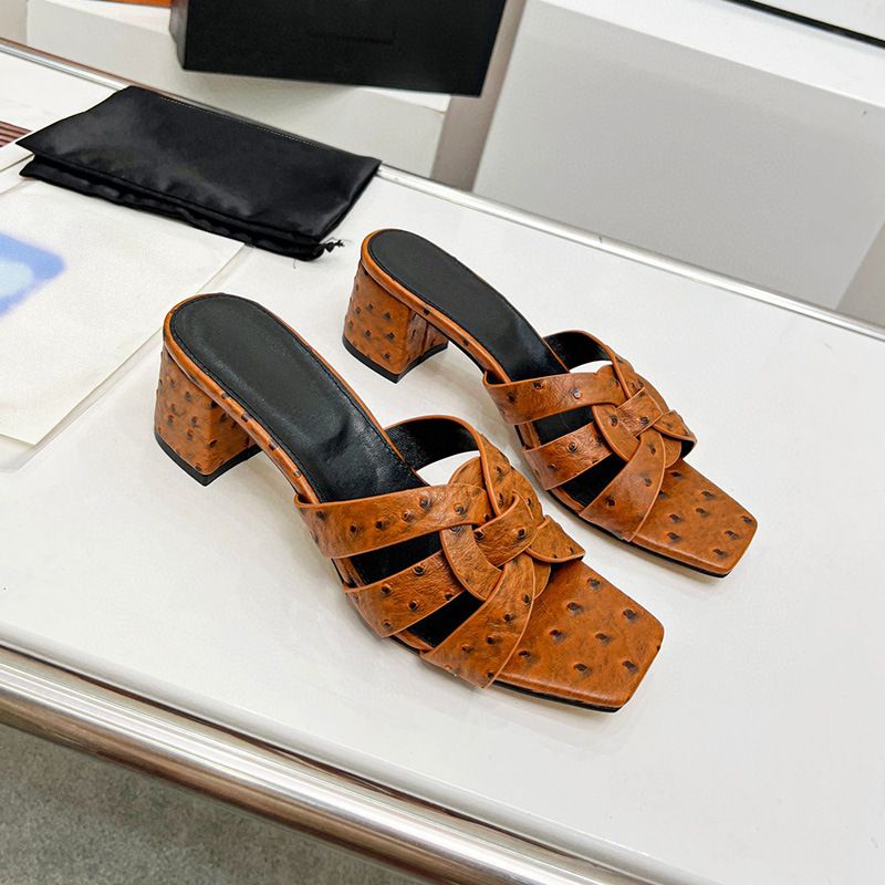 Genuine High Women's 25 Summer New Thick Heel Open Toe Square Head Black Patent Leather Shiny One-Word Slippers_voghion.com